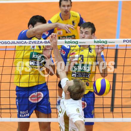 Volleyball. CEV Volleyball Cup. SK Aich/Dob gegen AS Cannes. BOZIC Nemanja, HRUSKA Michal (Aich/Dob). Bleiburg, 26. 10.2011
Foto: Kuess

---
pressefotos, pressefotografie, kuess, qs, qspictures, sport, bild, bilder, bilddatenbank