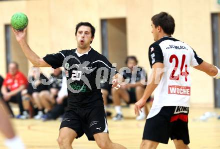 Handball Bundesliga. SC Ferlach gegen HCK 59. Daniel Plesej (Ferlach), Josip Pecina (HCK). Ferlach, 29.10.2011.
Foto: Kuess
---
pressefotos, pressefotografie, kuess, qs, qspictures, sport, bild, bilder, bilddatenbank