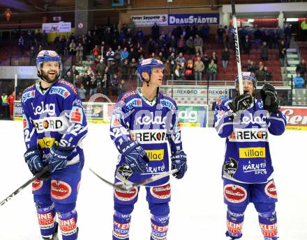 EBEL. Eishockey Bundesliga. EC Rekord Fenster VSV gegen Moser Medical Graz 99ers. Jubel Craig Weller, Mike Craig, Markus Peintner (VSV), (Graz). Villach, am 1.11.2011.
Foto: Kuess 


---
pressefotos, pressefotografie, kuess, qs, qspictures, sport, bild, bilder, bilddatenbank