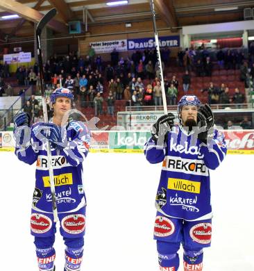 EBEL. Eishockey Bundesliga. EC Rekord Fenster VSV gegen Moser Medical Graz 99ers. Jubel Mike Craig, Markus Peintner (VSV). Villach, am 1.11.2011.
Foto: Kuess 


---
pressefotos, pressefotografie, kuess, qs, qspictures, sport, bild, bilder, bilddatenbank