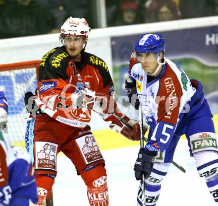 EBEL. Eishockey Bundesliga. KAC gegen KHL Medvescak Zagreb. MORRISON Jordan (KAC), SERTICH Andy (Zagreb). Klagenfurt, am 1.11.2011.
Foto: Kuess

---
pressefotos, pressefotografie, kuess, qs, qspictures, sport, bild, bilder, bilddatenbank