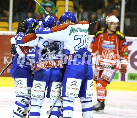 EBEL. Eishockey Bundesliga. KAC gegen KHL Medvescak Zagreb. Jubel  (Zagreb). Klagenfurt, am 1.11.2011.
Foto: Kuess

---
pressefotos, pressefotografie, kuess, qs, qspictures, sport, bild, bilder, bilddatenbank