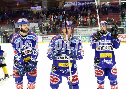 EBEL. Eishockey Bundesliga. EC Rekord Fenster VSV gegen Moser Medical Graz 99ers. Jubel Craig Weller, Mike Craig, Markus Peintner (VSV), (Graz). Villach, am 1.11.2011.
Foto: Kuess 


---
pressefotos, pressefotografie, kuess, qs, qspictures, sport, bild, bilder, bilddatenbank