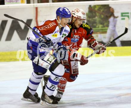 EBEL. Eishockey Bundesliga. KAC gegen KHL Medvescak Zagreb. MORRISON Jordan (KAC), WAUGH Geoff (Zagreb). Klagenfurt, am 1.11.2011.
Foto: Kuess

---
pressefotos, pressefotografie, kuess, qs, qspictures, sport, bild, bilder, bilddatenbank