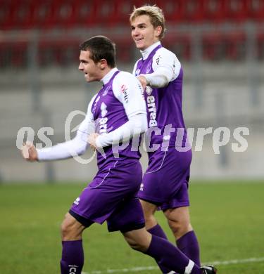 Fussball. Regionalliga. SG Austria Klagenfurt gegen DSV Leoben. Torjubel  Pucker Peter, Stefan Korepp (Austria Klagenfurt). Klagenfurt, 1.11.2011. 
Foto: Kuess

---
pressefotos, pressefotografie, kuess, qs, qspictures, sport, bild, bilder, bilddatenbank