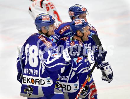 EBEL. Eishockey Bundesliga. EC Rekord Fenster VSV gegen HC Orli Znojmo.  Torjubel Shayne Toporowski, Gerhard Unterluggauer (VSV). Villach, am 16.11.2011.
Foto: Kuess 


---
pressefotos, pressefotografie, kuess, qs, qspictures, sport, bild, bilder, bilddatenbank