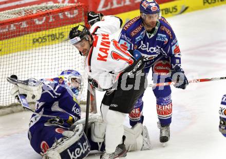 EBEL. Eishockey Bundesliga. EC Rekord Fenster VSV gegen HC Orli Znojmo.  Bernhard Starkbaum, Greg Kuznik,  (VSV), Petr Kanko (Znojmo). Villach, am 16.11.2011.
Foto: Kuess 


---
pressefotos, pressefotografie, kuess, qs, qspictures, sport, bild, bilder, bilddatenbank