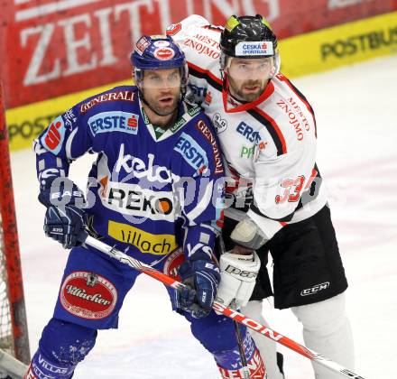 EBEL. Eishockey Bundesliga. EC Rekord Fenster VSV gegen HC Orli Znojmo.  Greg Kuznik,  (VSV), Peter Pucher (Znojmo). Villach, am 16.11.2011.
Foto: Kuess 


---
pressefotos, pressefotografie, kuess, qs, qspictures, sport, bild, bilder, bilddatenbank