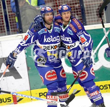 EBEL. Eishockey Bundesliga. EC Rekord Fenster VSV gegen HC Orli Znojmo.  Torjubel Greg Kuznik, Mike Craig (VSV). Villach, am 16.11.2011.
Foto: Kuess 


---
pressefotos, pressefotografie, kuess, qs, qspictures, sport, bild, bilder, bilddatenbank