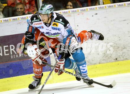 EBEL. Eishockey Bundesliga. KAC gegen EHC LIWEST Linz. Jordan Morrison,  (KAC), Danny Irmen (Linz). Klagenfurt, am 18.11.2011.
Foto: Kuess

---
pressefotos, pressefotografie, kuess, qs, qspictures, sport, bild, bilder, bilddatenbank