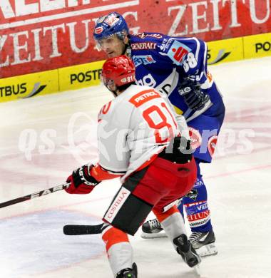 EBEL. Eishockey Bundesliga. EC Rekord Fenster VSV gegen HK Acroni Jesenice.  TOPOROWSKI Shayne (VSV), TOSIC Luka (Jesenice). Villach, am 18.11.2011.
Foto: Kuess 


---
pressefotos, pressefotografie, kuess, qs, qspictures, sport, bild, bilder, bilddatenbank