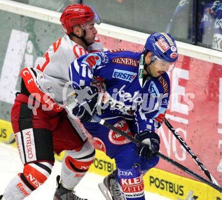 EBEL. Eishockey Bundesliga. EC Rekord Fenster VSV gegen HK Acroni Jesenice. DAMON Derek (VSV), TOSIC Luka (Jesenice). Villach, am 18.11.2011.
Foto: Kuess 


---
pressefotos, pressefotografie, kuess, qs, qspictures, sport, bild, bilder, bilddatenbank