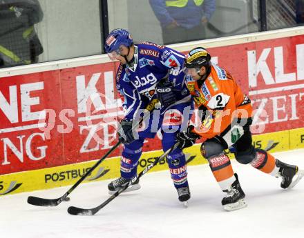 EBEL. Eishockey Bundesliga. EC Rekord Fenster VSV gegen Moser Medical Graz 99ers. TOPOROWSKI Shayne (VSV), ARRETT Rodney  (Graz). Villach, am 25.11.2011.
Foto: Kuess 


---
pressefotos, pressefotografie, kuess, qs, qspictures, sport, bild, bilder, bilddatenbank