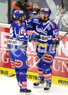 EBEL. Eishockey Bundesliga. EC Rekord Fenster VSV gegen Moser Medical Graz 99ers.  Torjubel KASPITZ Roland, PEINTNER Markus, (VSV). Villach, am 25.11.2011.
Foto: Kuess 


---
pressefotos, pressefotografie, kuess, qs, qspictures, sport, bild, bilder, bilddatenbank