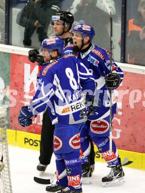 EBEL. Eishockey Bundesliga. EC Rekord Fenster VSV gegen Moser Medical Graz 99ers.  Torjubel KASPITZ Roland, PEINTNER Markus, (VSV). Villach, am 25.11.2011.
Foto: Kuess 


---
pressefotos, pressefotografie, kuess, qs, qspictures, sport, bild, bilder, bilddatenbank