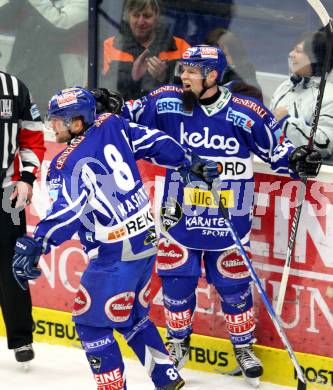 EBEL. Eishockey Bundesliga. EC Rekord Fenster VSV gegen Moser Medical Graz 99ers.  Torjubel KASPITZ Roland, PEINTNER Markus, (VSV). Villach, am 25.11.2011.
Foto: Kuess 


---
pressefotos, pressefotografie, kuess, qs, qspictures, sport, bild, bilder, bilddatenbank