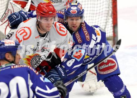 EBEL. Eishockey Bundesliga. EC Rekord Fenster VSV gegen HK Jesenice.  Roland Kaspitz, (VSV), Jure Dolinsek  (HK Jesenice). Villach, am 27.11.2011.
Foto: Kuess 


---
pressefotos, pressefotografie, kuess, qs, qspictures, sport, bild, bilder, bilddatenbank