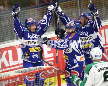 EBEL. Eishockey Bundesliga. VSV gegen HDD TILIA Olimpija Ljubljana. Torjubel Shayne Toporowski, Derek Damon, Tomaz Razingar (VSV), (Laibach). Klagenfurt, am 4.12.2011.
Foto: Kuess

---
pressefotos, pressefotografie, kuess, qs, qspictures, sport, bild, bilder, bilddatenbank