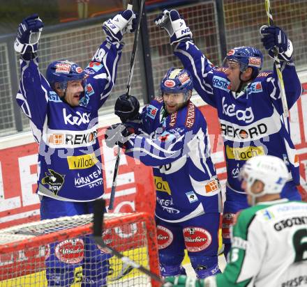 EBEL. Eishockey Bundesliga. VSV gegen HDD TILIA Olimpija Ljubljana. Torjubel Shayne Toporowski, Derek Damon, Tomaz Razingar (VSV), (Laibach). Klagenfurt, am 4.12.2011.
Foto: Kuess

---
pressefotos, pressefotografie, kuess, qs, qspictures, sport, bild, bilder, bilddatenbank