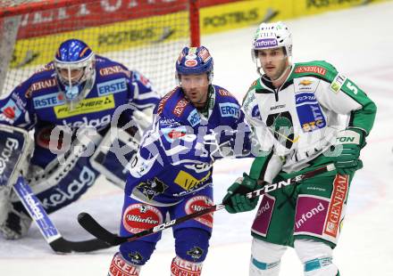 EBEL. Eishockey Bundesliga. VSV gegen HDD TILIA Olimpija Ljubljana. Bernhard Starkbaum, Gerhard Unterluggauer (VSV), Scott Hotham (Laibach). Klagenfurt, am 4.12.2011.
Foto: Kuess

---
pressefotos, pressefotografie, kuess, qs, qspictures, sport, bild, bilder, bilddatenbank