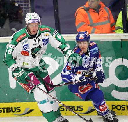 EBEL. Eishockey Bundesliga. VSV gegen HDD TILIA Olimpija Ljubljana. Nikolaus Hartl (VSV), Bostjan Groznik (Laibach). Klagenfurt, am 4.12.2011.
Foto: Kuess

---
pressefotos, pressefotografie, kuess, qs, qspictures, sport, bild, bilder, bilddatenbank