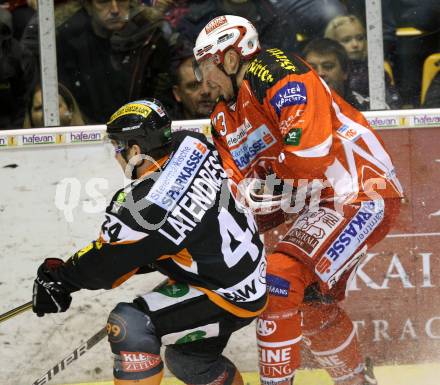 EBEL. Eishockey Bundesliga. KAC gegen Moser Medical Graz 99ers. Mike Siklenka (KAC), Olivier Latendresse (Graz). Klagenfurt, am 11.12.2011.
Foto: Kuess

---
pressefotos, pressefotografie, kuess, qs, qspictures, sport, bild, bilder, bilddatenbank