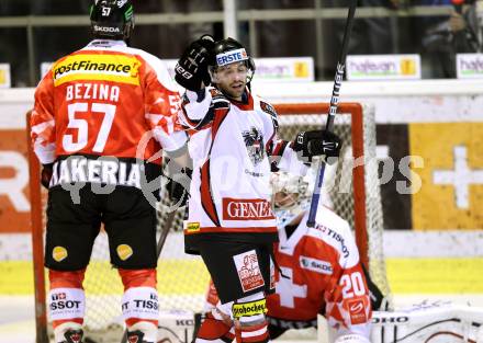 Eishockey Oesterreich Cup. Oesterreich gegen Schweiz.  Torjubel Dominique Heinrich (Oesterreich). Klagenfurt, 16.12.2011.
Foto: Kuess

---
pressefotos, pressefotografie, kuess, qs, qspictures, sport, bild, bilder, bilddatenbank