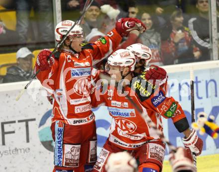 EBEL. Eishockey Bundesliga. KAC gegen HC Orli Znojmo. Torjubel HUNDERTPFUND Thomas, SIKLENKA Michael.. Klagenfurt, am 20.12.2011.
Foto: Kuess

---
pressefotos, pressefotografie, kuess, qs, qspictures, sport, bild, bilder, bilddatenbank