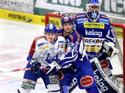 EBEL. Eishockey Bundesliga. EC Rekord Fenster VSV gegen KHL Medvescak Zagreb. Stefan Bacher, Bernhard Starkbaum,  (VSV), Adam Naglich (Zagreb). Villach, am 20.12.2011.
Foto: Kuess 


---
pressefotos, pressefotografie, kuess, qs, qspictures, sport, bild, bilder, bilddatenbank