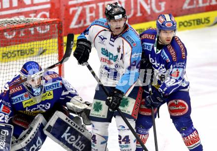 EBEL. Eishockey Bundesliga. EC Rekord Fenster VSV gegen SAPA Fehervar AV19. Bernhard Starkbaum, Derek Damon,  (VSV), Krisztian Palkovics (Alba Volan). Villach, am 1.1.2012.
Foto: Kuess 


---
pressefotos, pressefotografie, kuess, qs, qspictures, sport, bild, bilder, bilddatenbank