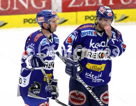 EBEL. Eishockey Bundesliga. EC Rekord Fenster VSV gegen SAPA Fehervar AV19. Tomaz Razingar, Kevin Mitchell (VSV). Villach, am 1.1.2012.
Foto: Kuess 


---
pressefotos, pressefotografie, kuess, qs, qspictures, sport, bild, bilder, bilddatenbank