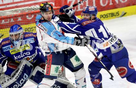 EBEL. Eishockey Bundesliga. EC Rekord Fenster VSV gegen SAPA Fehervar AV19. Bernhard Starkbaum, Stefan Bacher,  (VSV), Andras Horvath (Alba Volan). Villach, am 1.1.2012.
Foto: Kuess 


---
pressefotos, pressefotografie, kuess, qs, qspictures, sport, bild, bilder, bilddatenbank