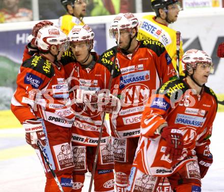 EBEL. Eishockey Bundesliga. KAC gegen UPC VIENNA CAPITALS. Torjubel GEIER Manuel, SCHULLER David, KIRISITS Johannes (KAC). Klagenfurt, am 10.1.2012.
Foto: Kuess

---
pressefotos, pressefotografie, kuess, qs, qspictures, sport, bild, bilder, bilddatenbank