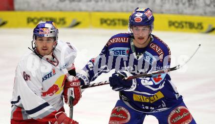 EBEL. Eishockey Bundesliga. EC Rekord Fenster VSV gegen EC Red Bull Salzburg. Stefan Bacher (VSV), Jeremy Williams (Salzburg). Villach, am 10.1.2012.
Foto: Kuess
---
pressefotos, pressefotografie, kuess, qs, qspictures, sport, bild, bilder, bilddatenbank