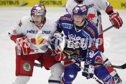 EBEL. Eishockey Bundesliga. EC Rekord Fenster VSV gegen EC Red Bull Salzburg. Stefan Bacher (VSV), Jeremy Williams (Salzburg). Villach, am 10.1.2012.
Foto: Kuess
---
pressefotos, pressefotografie, kuess, qs, qspictures, sport, bild, bilder, bilddatenbank
