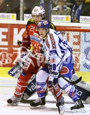 EBEL. Eishockey Bundesliga. KAC gegen VSV. BRANDNER Christoph (KAC), BACHER Stefan (VSV). Klagenfurt, am 17.1.2012.
Foto: Kuess

---
pressefotos, pressefotografie, kuess, qs, qspictures, sport, bild, bilder, bilddatenbank