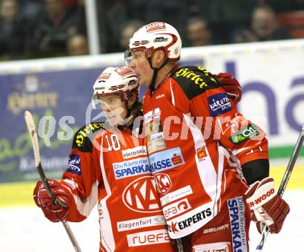 EBEL. Eishockey Bundesliga. KAC gegen VSV. Torjubel SCOFIELD Tyler, SIKLENKA Michael (KAC). Klagenfurt, am 17.1.2012.
Foto: Kuess

---
pressefotos, pressefotografie, kuess, qs, qspictures, sport, bild, bilder, bilddatenbank