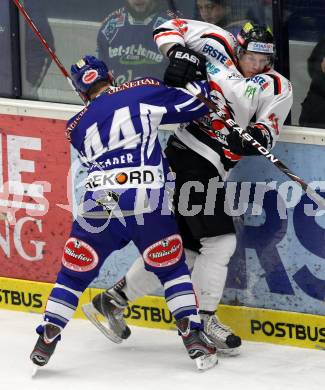 EBEL. Eishockey Bundesliga. EC Rekord Fenster VSV gegen HC Orli Znojmo.  Robert Shearer (VSV),  David Bartos (Znaim). Villach, am 20.1.2012.
Foto: Kuess 


---
pressefotos, pressefotografie, kuess, qs, qspictures, sport, bild, bilder, bilddatenbank