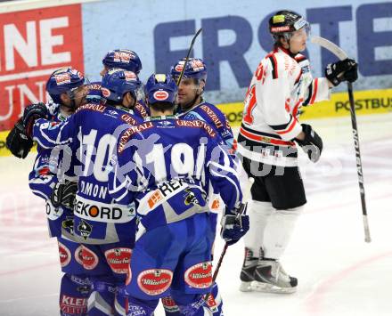 EBEL. Eishockey Bundesliga. EC Rekord Fenster VSV gegen HC Orli Znojmo.  Torjubel (VSV),  (Znaim). Villach, am 20.1.2012.
Foto: Kuess 


---
pressefotos, pressefotografie, kuess, qs, qspictures, sport, bild, bilder, bilddatenbank