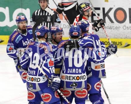 EBEL. Eishockey Bundesliga. EC Rekord Fenster VSV gegen HC Orli Znojmo.  Torjubel (VSV),  (Znaim). Villach, am 20.1.2012.
Foto: Kuess 


---
pressefotos, pressefotografie, kuess, qs, qspictures, sport, bild, bilder, bilddatenbank