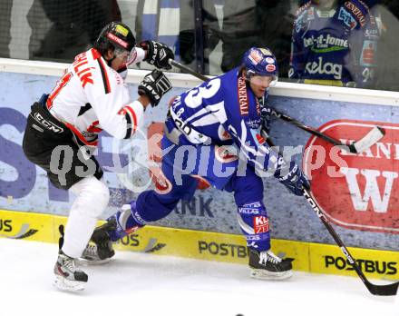 EBEL. Eishockey Bundesliga. EC Rekord Fenster VSV gegen HC Orli Znojmo.  PETRIK Benjamin (VSV), STEHLIK Jakub (Znaim). Villach, am 22.1.2012.
Foto: Kuess 


---
pressefotos, pressefotografie, kuess, qs, qspictures, sport, bild, bilder, bilddatenbank