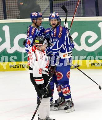 EBEL. Eishockey Bundesliga. EC Rekord Fenster VSV gegen HC Orli Znojmo. Torjubel WELLER Craig, ALTMANN Mario (VSV). Villach, am 22.1.2012.
Foto: Kuess 


---
pressefotos, pressefotografie, kuess, qs, qspictures, sport, bild, bilder, bilddatenbank