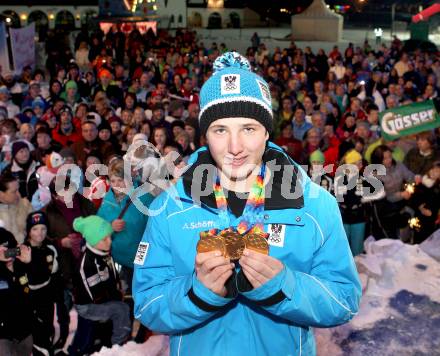 Schi Alpin. Jugendolympiade. Empfang Olympiasieger Marco Schwarz.  Marco Schwarz. Bad Kleinkirchheim, 23. 1. 2012.
Foto: Kuess
---
pressefotos, pressefotografie, kuess, qs, qspictures, sport, bild, bilder, bilddatenbank