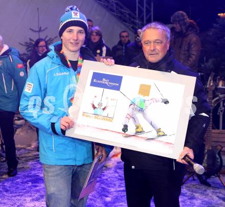 Schi Alpin. Jugendolympiade. Empfang Olympiasieger Marco Schwarz. Marco Schwarz, Peter Michael Pertl (SC Bad Kleinkirchheim). Bad Kleinkirchheim, 23. 1. 2012.
Foto: Kuess
---
pressefotos, pressefotografie, kuess, qs, qspictures, sport, bild, bilder, bilddatenbank