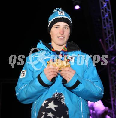 Schi Alpin. Jugendolympiade. Empfang Olympiasieger Marco Schwarz.  Marco Schwarz. Bad Kleinkirchheim, 23. 1. 2012.
Foto: Kuess
---
pressefotos, pressefotografie, kuess, qs, qspictures, sport, bild, bilder, bilddatenbank