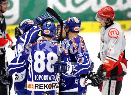 EBEL. Eishockey Bundesliga. EC Rekord Fenster VSV gegen HK Acroni Jesenice. Torjubel VSV. Villach, am 3.2.2012.
Foto: Kuess 


---
pressefotos, pressefotografie, kuess, qs, qspictures, sport, bild, bilder, bilddatenbank