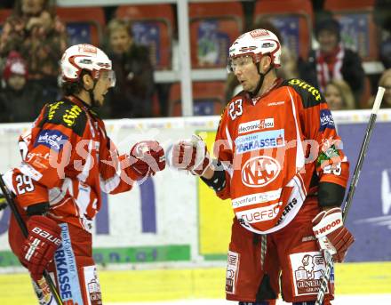EBEL. Eishockey Bundesliga. KAC gegen SAPA Fehervar AV19. SIKLENKA Michael, BRANDNER Christoph (KAC). Klagenfurt, am 3.2.2012.
Foto: Kuess

---
pressefotos, pressefotografie, kuess, qs, qspictures, sport, bild, bilder, bilddatenbank