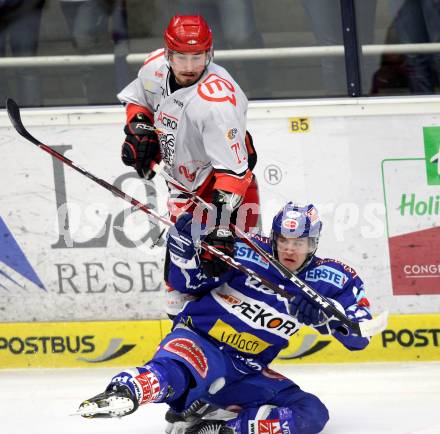 EBEL. Eishockey Bundesliga. EC Rekord Fenster VSV gegen HK Acroni Jesenice. Nikolaus Hartl,  (VSV), Tomi Hafner (Jesenice). Villach, am 3.2.2012.
Foto: Kuess 


---
pressefotos, pressefotografie, kuess, qs, qspictures, sport, bild, bilder, bilddatenbank