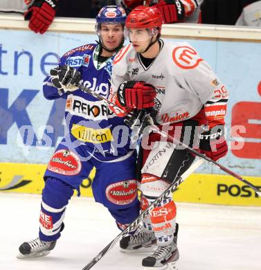 EBEL. Eishockey Bundesliga. EC Rekord Fenster VSV gegen HK Acroni Jesenice. Marco Pewal,  (VSV), Aleksandar Magovac (Jesenice). Villach, am 3.2.2012.
Foto: Kuess 


---
pressefotos, pressefotografie, kuess, qs, qspictures, sport, bild, bilder, bilddatenbank