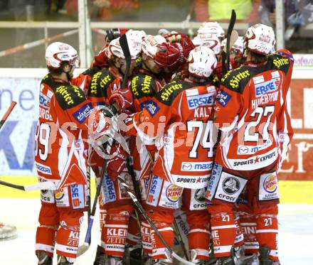 EBEL. Eishockey Bundesliga. KAC gegen SAPA Fehervar AV19. Jubel KAC. Klagenfurt, am 3.2.2012.
Foto: Kuess

---
pressefotos, pressefotografie, kuess, qs, qspictures, sport, bild, bilder, bilddatenbank